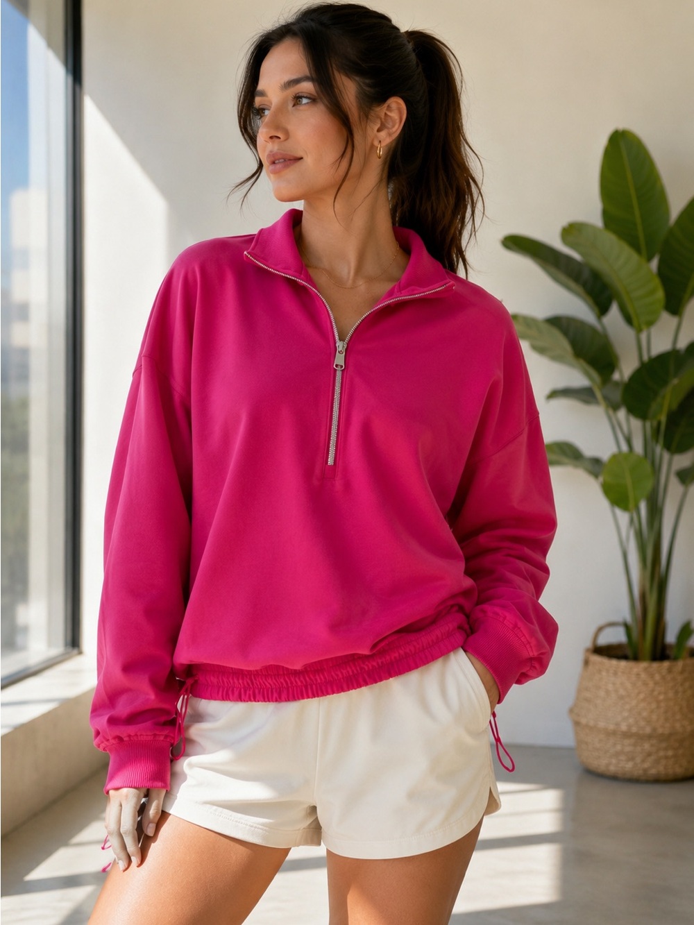 Athleta Triumph Hybrid pink half-zip pullover sweatshirt